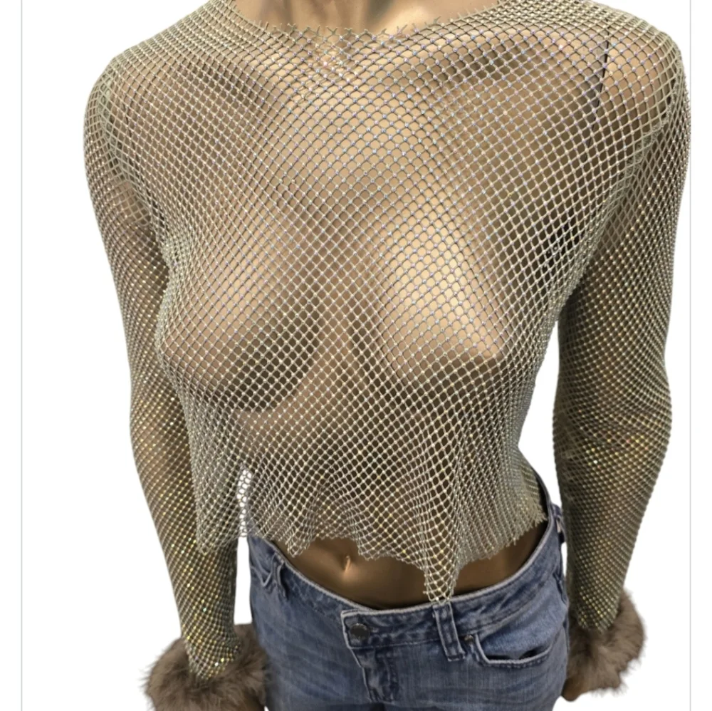Sheer Mesh Long Sleeve Top with Fur Cuffs - Picture 3 of 7
